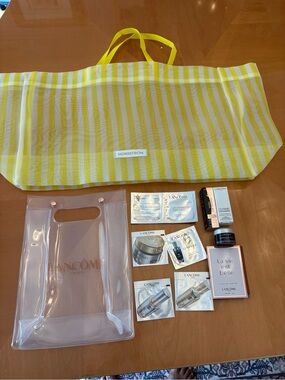 Nordstrom Yellow Stripe Tote with Lancome Clear Pouch & Beauty Samples